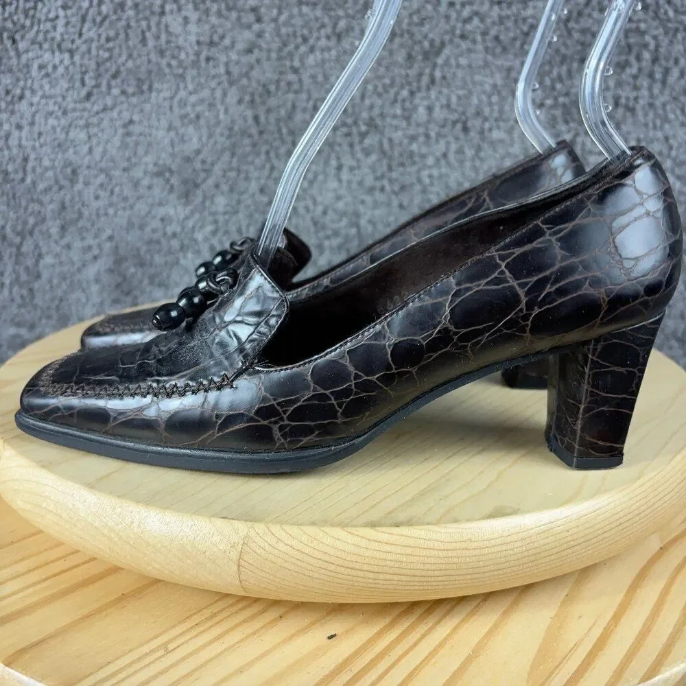 Stuart Weitzman Heels Womens 7 Brown Leather Alligator Print Square Toe Shoes
